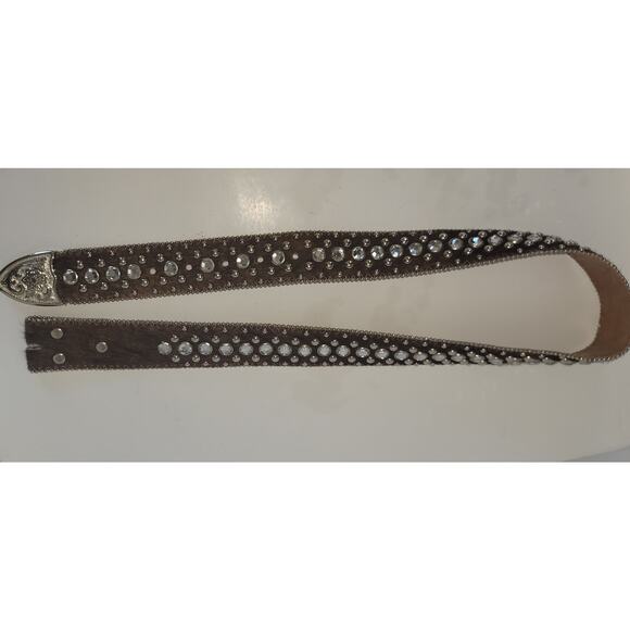 Western Rhinestone Studded Brown Genuine Leather Calf Hair Belt Silver Hardware main image 6